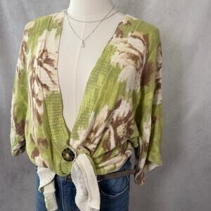 Oversized Green Floral Cardigan Long Deep V 3/4 Sleeve Cardigan Size Medium